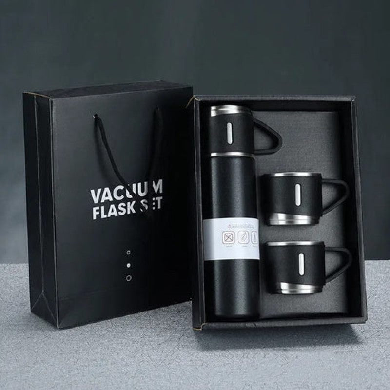 3‑Cup Double‑Layer Stainless Steel Vacuum Flask Set – Insulated Flask & Cups, 500 ml